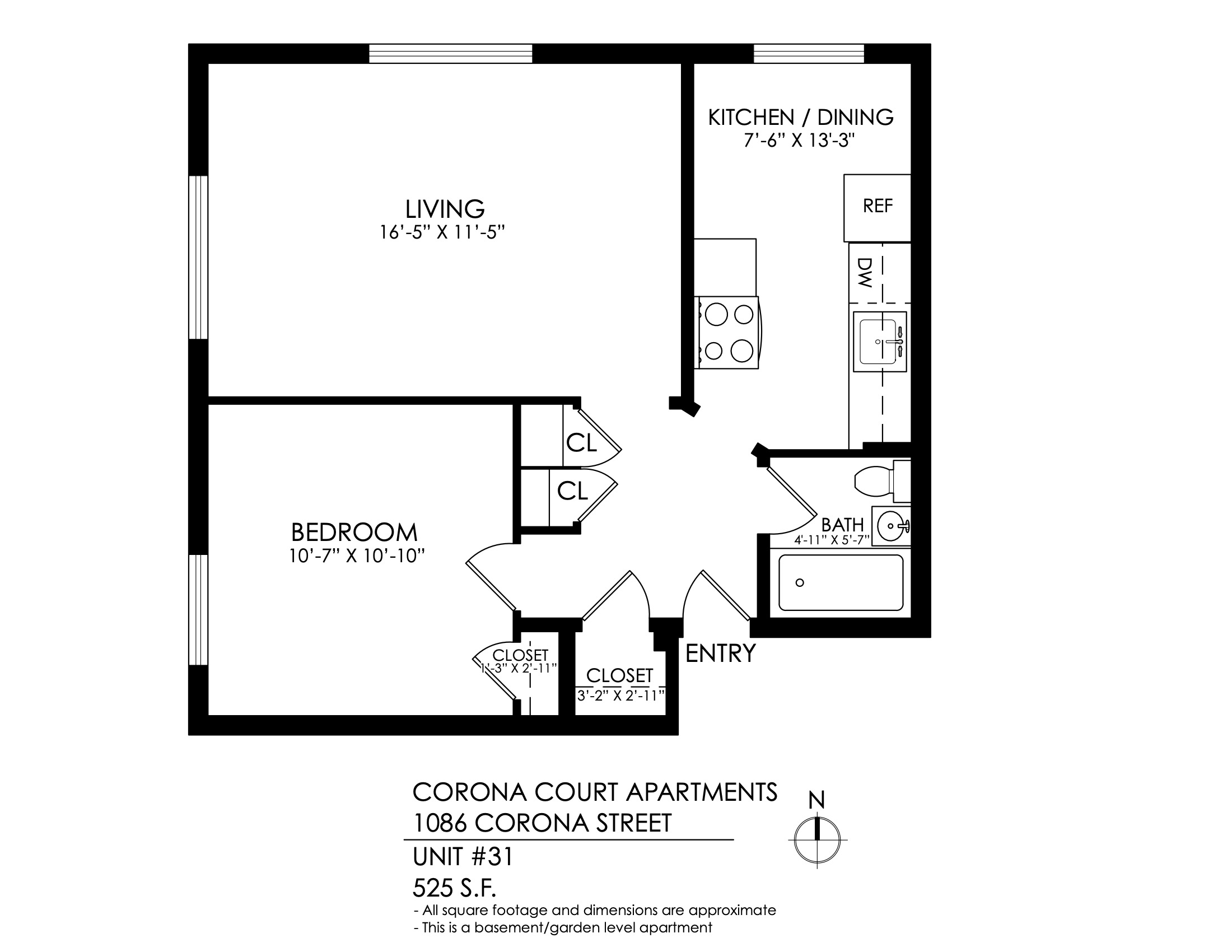 Floor plan for 1 bed, 1 bath, 765 sqft
